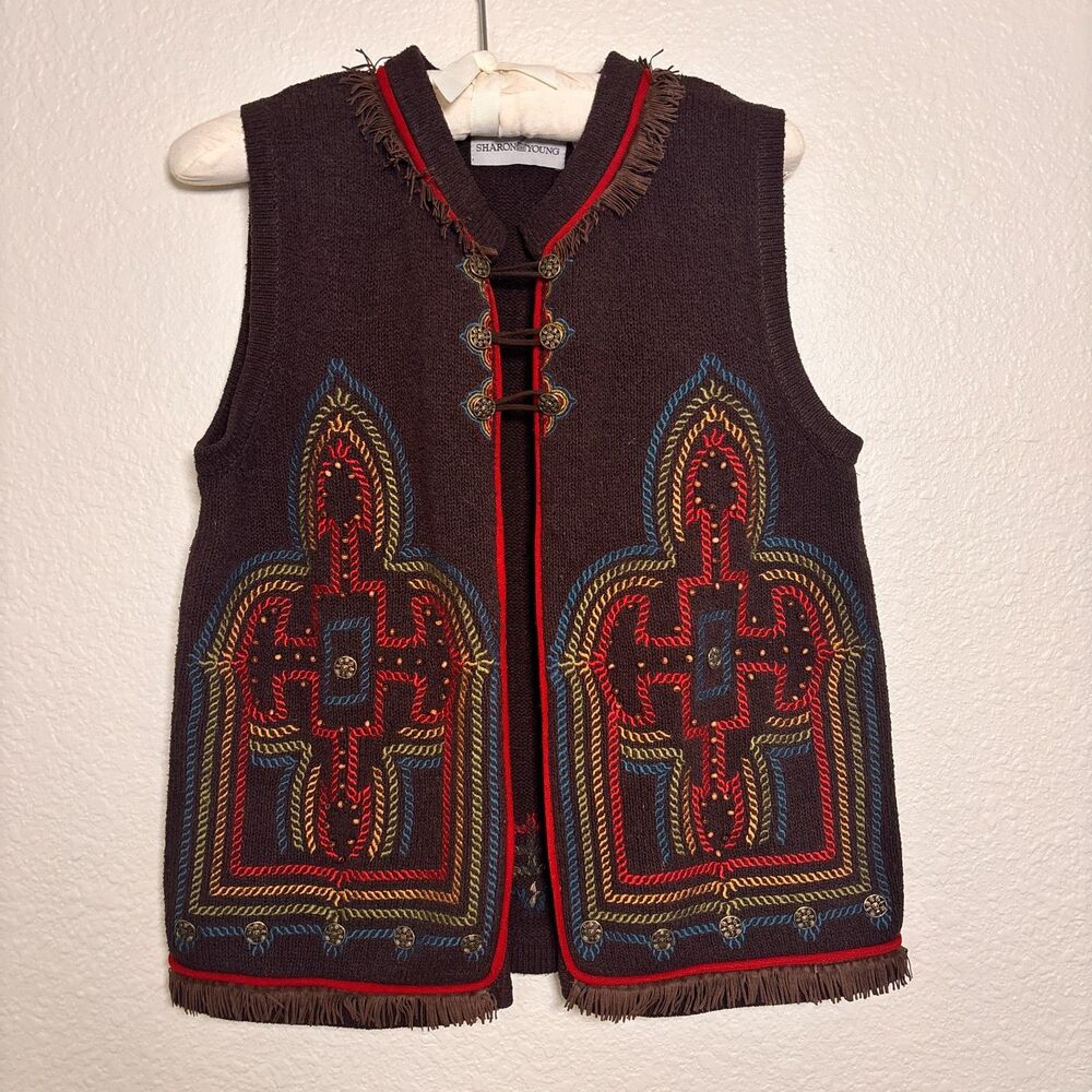 Western Boho Embroidered Silk Sweater Vest Womens M Brown Fringe Wearable Art